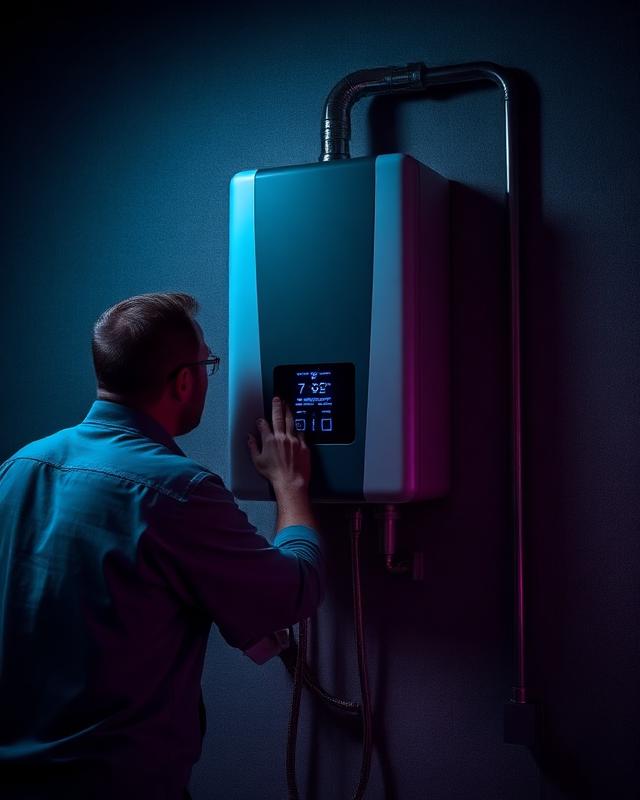 Technician servicing a tankless water heater